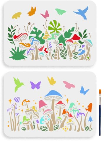 MAYJOYDIY 2pcs Woodland Mushrooms Butterfly Stencil 29.7×21cm Dreamy Mushrooms Stencil Butterfly Flowers Leaves Drawing Template with Paint Brush for Art Crafts Canvas Furniture Wall Wood