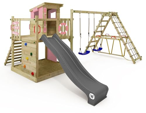 WICKEY Wooden climbing frame Smart Surf with swing set & slide, Outdoor kids playhouse with sandpit, climbing ladder & play-accessories for the garden - pink pastel