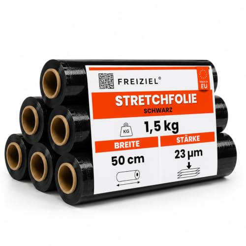 Freiziel® 6 x Stretchfolie 50cm 1,5 kg 23my (schwarz) Wickelfolie, Packfolie, Folie für Möbel und Umzug