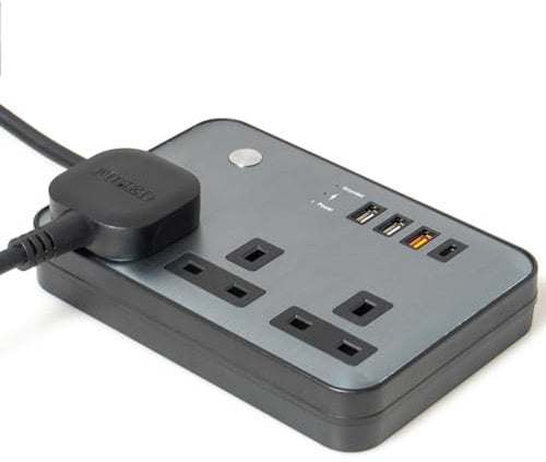 La Comvi Black extension lead with usb slots - 24J Surge Protection Extension lead with switches long - 13A/3250W, 250 Volts - 2M extension lead with usb c slots & Type A slot