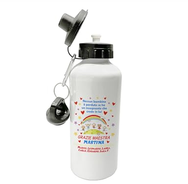 t-shirteria - Borraccia Personalizzata Maestra - Idea Regalo Fine Scuola - Tappo Ermetico Antigoccia e Stampa Anti-scolorimento - Alluminio, Lavabile in Lavastoviglie - 500ml (Arcobaleno)