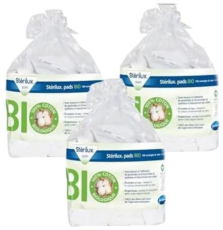 Sterilux Pads aus Bio-Baumwolle, rechteckig, perfekt für die Pflege der Gesichts- und Hauthygiene, fusselfrei, 100% und biologisch, 3 x 160 Stück