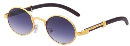 Junsika Retro Oval Sonnenbrille für Herren Damen Klassische Vintage Holzimitat Kleine Runde Gradient Schwarz Sonnenbrille