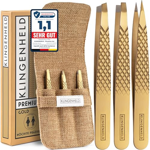 KLINGENHELD® Profi Pinzetten-Set mit ComfortGrip-Spitzen & Anti-Rutsch Griff - Maximaler Halt & höchste Präzision - inkl. Baumwoll-Etui 100% plastikfrei & nachhaltig - Pinzette Augenbrauen zupfen