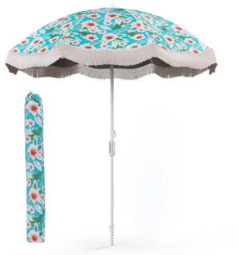 COSTWAY Ombrellone da Spiaggia con Frangia 200cm, Ombrellone con Inclinazione a Pulsante, Ombrellone da Mare con 8 Costole Robuste, Borsa Trasportabile, Ombrellone Vintage Resistente per Giardino