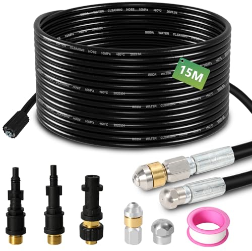 Eulenke Rohrreinigungsschlauch 15M, 2 Düsen Starr and Rotierend, 3 Adapte Kompatibel mit Kärcher K2 - K7, LAVOR, Parkside, Bosch, Premium Hochdruckreiniger Rohrreinigungsset für Toiletten, Rinnen