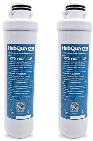 HubQua Pack de 2 Cartuchos de Reemplazo para Filtro de Agua HubQua K5.1 y K5.1F, Ultrafiltración Certificada de 3 Etapas, CTO + KDF + UF, 1 Año Agua Limpia, Precisión 0.01 Micras, Duración 6 Meses