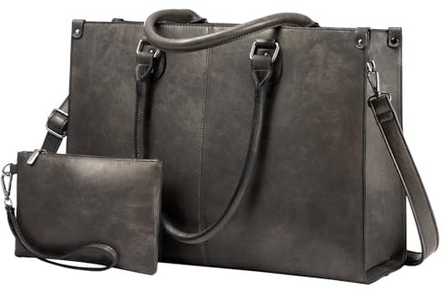 LOVEVOOK Laptop Bags for Women,15.6 Inch PU Leather Tote Bag with Wristlet Pouch, Retro Ladies Handbag Shoulder Bag Briefcase for Work School Office Business,Gray Coffee