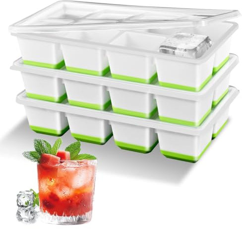Grand Bac à Glacon, Alinana Lot de 3 Bacs à Glaçons en Silicone avec Couvercle, Sans BPA - Empilable Moule à Glaçons pour 24 Gros Glaçons, idéal pour Cocktails, Whisky, Jus (Couleur Vert)