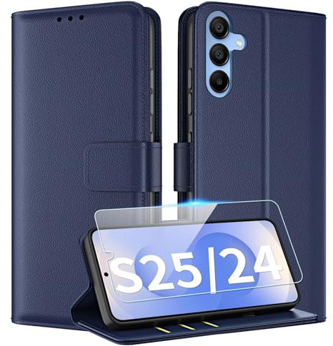 TQIAHF Handyhülle für Samsung Galaxy S25 5G / S24 5G Hülle Klapphülle mit Schutzfolie Glasschutz Leder Klappbar Flip Cover Case Schutzhülle Kartenfach Komplettschutz Handytasche,Dunkelblau