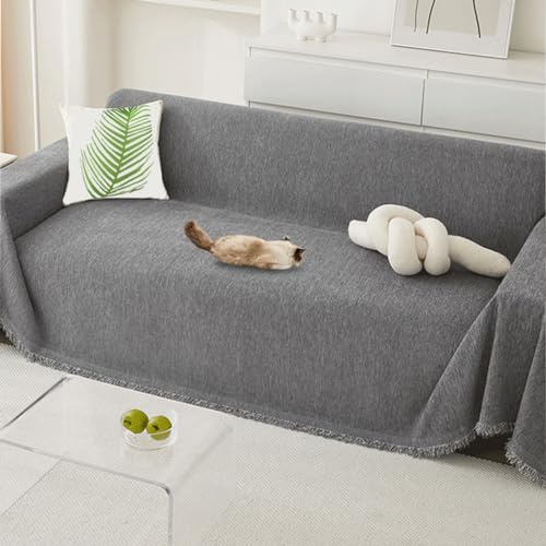 BUSVORES Sofa Überwurfdecke, Chenille Mit Fransen Sofabezug, AntiRutsch Couch Schutz für Haustiere Haare Kinder Hund Katze, Vielseitige Dekorative Sofaüberwurf für Familie(Dunkelgrau, 230x300 cm)