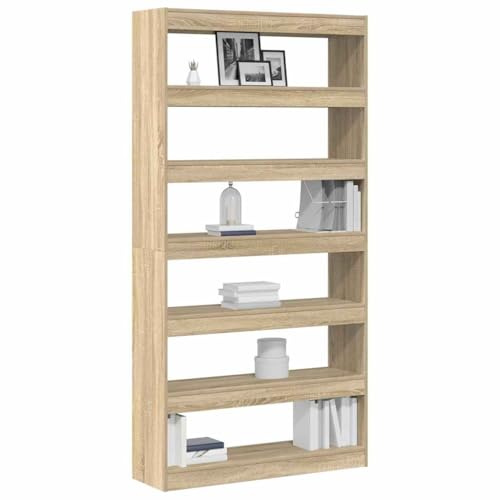 vidaXL Sonoma Oak Freestanding Bookcase, Six Shelves for Storage Space, Wood Material, Secure Wall Mounting Included, Modern Design, Living Room, Office, Bedroom, Bookcase