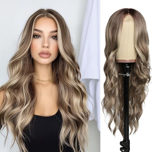 SeclitWu Lange braun blonde Perücken für Frauen Mädchen 66 cm Lockige synthetische Hitzebeständige Faser Cosplay Kostüm Charmante Perücke für Tägliche Karneval Fasching (braun blonde)