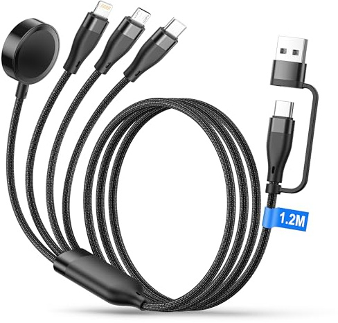 Bimker 4 en 2 Cable i-Watch, Chargeur i-Watchs avec iWatch/Micro/USB C/Light-ning Connector, Nylon Chargeur Montre i-Watch pour iWatch 9/8/7/6/5/4/3/SE/Ultra, iPhone 17/16/15/14/13/iPad