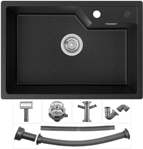 CECIPA Spülbecken Schwarz 65x45cm, Spüle Küche aus Granit, Moderne Küchenspüle in Hafen-Stil, Granitspüle Schwarz, Einbauspüle 1 Becken Waschbecken Küche - SOFETIY SERIE