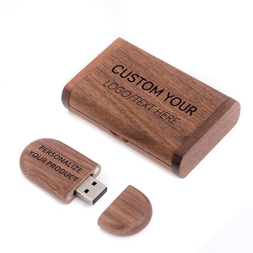 MEMORABBIT Ovaler Holz-Stick in Box, 1–128 GB, USB 2.0–3.0 graviertes Logo/Text USB Flash Drive Memory Wood Walnuß/Ahorn/Kirschholz Holz (1 Stück Walnuss – Gravur, 64 GB 2.0)