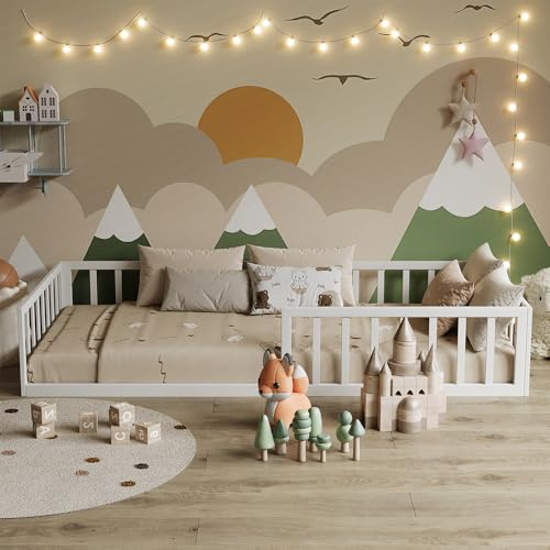 VitaliSpa Bodenbett Minno 90x200 cm, Montessori Kinderbett aus Metall mit Rausfallschutz und Matratze, Weiß
