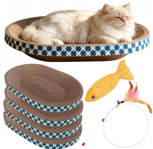 Spindro Letto Tiragraffi per Gatto con Giocattoli, Confezione da 4, Tiragraffi Ovale in Cartone, Ciotola Gratta per Interni, Cuscinone con Pesce alla Nepeta & Bacchetta con Piume, Proteggi Mobili