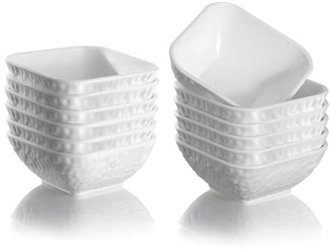 Kyraton Dip Bowls Set 12pcs 180ml, White Plastic Dipping Bowls Soy Sauce Plate for Side Dishes, Reusable, Condiment Server for Tomato Sauce, Vinegar, BBQ and Party Dinner, Mini Appetizer Plates.