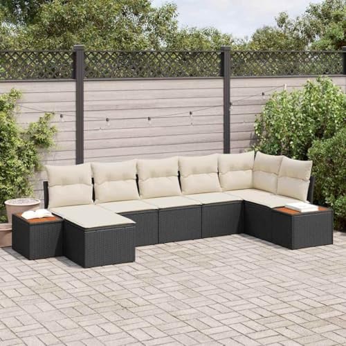 Kaloriko Gartensofa-Set mit Kissen, 7-teilig, Schwarz und Creme, Poly Rattan, Modulares Outdoor Loungesofa für Terrasse, Balkon, Gartenmöbel