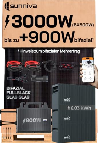 SUNNIVA® 3000W Balkonkraftwerk mit 6,03 kWh Speicher TSUN SOLARCAN TSOL-DCU2000Lite, BIFAZIAL FULLBLACK komplett Steckdose, PV Solaranlage Komplettset mit Solarspeicher, 6x 500W Glas Bifacial