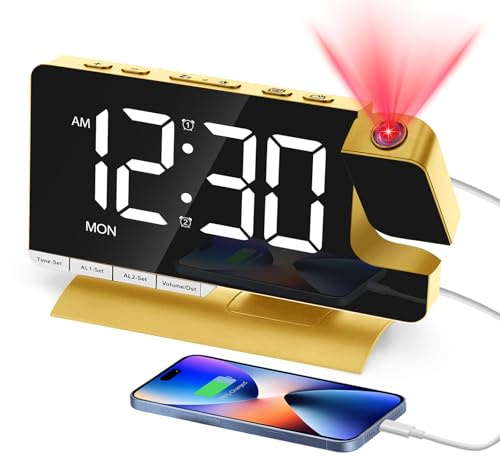 Venchin Wecker mit Projektion: 180° Projektor Uhr Digital 2 USB-Ladeanschluss 2 Alarmen 3 Modi 9 Mins Snooze 5 Lautstärke 12/24Hr DST 7.3 LED Digitaluhr EU Adapter - Gold