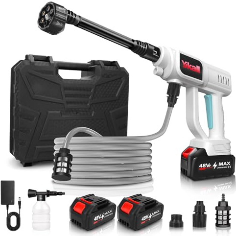 Idropulitrice a Batteria Portatile con 2 Batterie, 6-in-1, Tubo 5M | Perfetta per auto, giardino, pavimenti e esterni. Pressione regolabile, versatile e facile da usare ovunque.