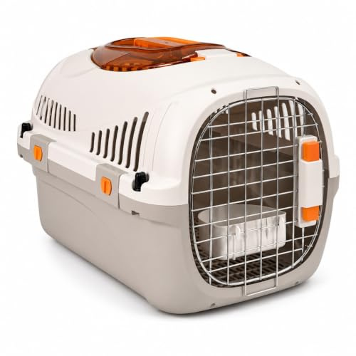 SNOEKIE Katzen Transportbox mit 2 Öffnungen, 49,5 × 32 × 32,6 cm, Haustierbox für Katzen & kleine Hunde bis ca. 45 cm Körperlänge und ca. 4,5–5 kg (je nach Tierart) Cremeweiß/Grau