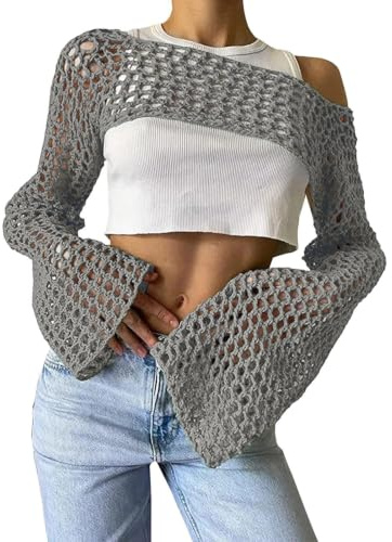 Nättopp för damer, långärmad nätvirkad crop top, ihålig, skuren stickad, A-grå, M