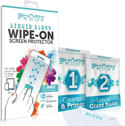 Shark Proof™, pellicola salvaschermo a vetro liquido. Invisibile, resistenza ai graffi e 100% senza bolle. Si adatta a qualsiasi marca o modello di telefono e tablet, dura fino a 1 anno