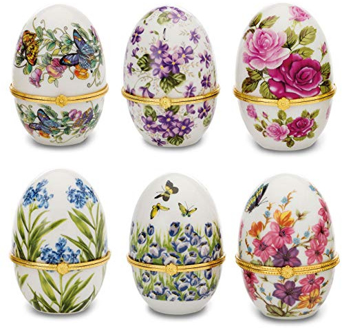 H.Bauer jun. Deko-Dosen Set 6-teilig Ei-förmig 8 cm Porzellan vergoldet mit Blumenmuster - verzierte Aufbewahrungsdosen mit Deckel - dekorative Eier für Vitrine, Regal, Kommode, Sammlung & Geschenk