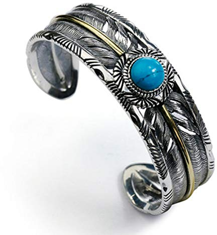 TIZIKJ Herren Feather Open Armreif mit Türkis Indianer Breite Feder Silber Ethnic Armlet Vintage Armmanschette