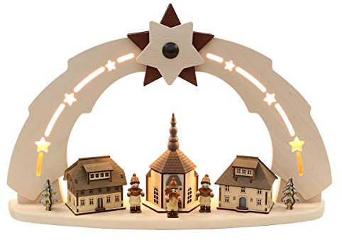 Dekohelden24 LED Holz Schwibbogen, Motiv: Seiffener Kirche mit Kurrende, Bogen innen beleuchtet, ca. 50 x 11,5 x 33 cm, 33 cm