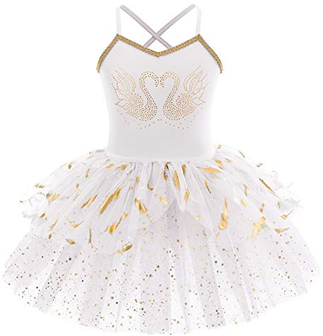 IMEKIS Mädchen Ballett Tanzkleid Ärmellose Prinzessin Schwan Ballerina Dancewear Gymnastik Trikot Tutu Glänzend Rüsche Tüll Rock Athletisch Kostüm Weiß 9-10 Jahre