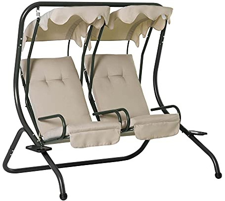 Outsunny 2 Sitzer Hollywoodschaukel Gartenschaukel mit Sonnendach Gartenstuhl Sitz mit Sprühbaumwolle Oxfordstoff PE-Beschichtung Stahl Oxford-Stoff Beige 170 x 136 x 170 cm（pro Sitz）