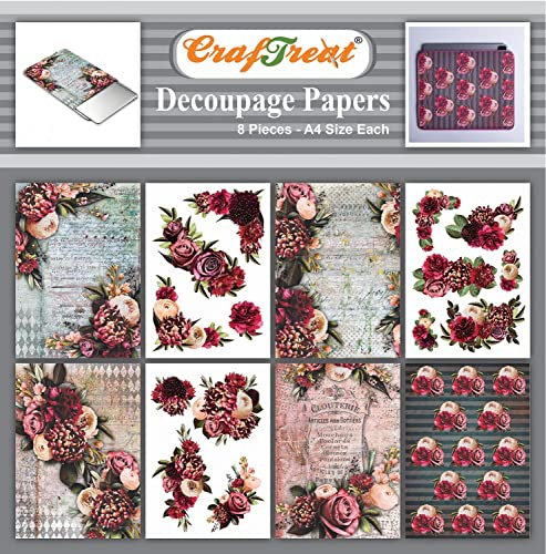 CrafTreat Blumen Decoupage Papier für Möbel A4 (8,3 x 11,7 Zoll) | 8 PackScrapbook Papier, Decoupage Papier & Bastelpapier Muster Set, Musterpapier, Bastelpapier Vintage, Designpapier Block