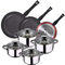 Pack de 3 sartenes ø20/24 y 28 cms + batería de cocina de 8pc en acero inoxidable