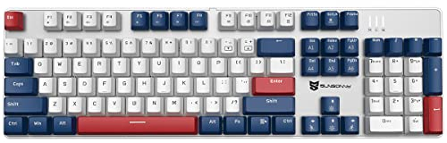 Qisan Clavier de jeu mécanique - Clavier filaire - Rétroéclairage LED - Blanc/bleu/rouge - Combo 104 touches - Clavier de jeu américain avec amovible, interrupteur bleu