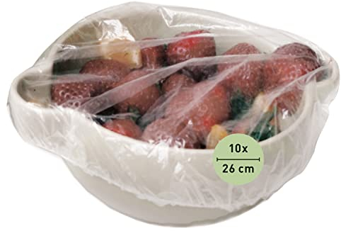 culivac Abdeckhauben für Lebensmittel aus Bioline ECO-LDPE, Gummizug aus Naturkautschuk, Frischhaltefolie für Schüsseln Essen Kuchen Fliegenhaube, Made in Sweden BPA frei, 10 Stück rund mit 26cm
