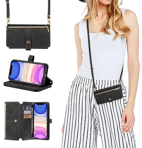 ZCDAYE Hülle für iPhone 12 mit Band Handykette, Leder iPhone 12 Handyhülle Handytasche mit Kartenfächern Frauen Brieftasche Klapphülle zum Umhängen Tasche iPhone 12 (6.1 inches),Schwarz