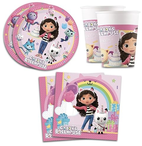Kit Compleanno Gabby's Dollhouse, Set Stoviglie Addobbi Decorazioni da Tavola per Festa Party Carnevale Halloween a Tema Bambini, 8 Piatti 20 Tovaglioli 8 Bicchieri fino a 8 persone