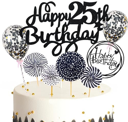 Feelairy Tortendeko Happy Birthday Deko Kuchendeko 25. Geburtstag Mann Frau, Schwarz Kuchen Topper 25. Geburtstag, Cake Topper Happy Birthday Ballon für Geburtstagstorte Deko 25 Jahre Frauen Männer
