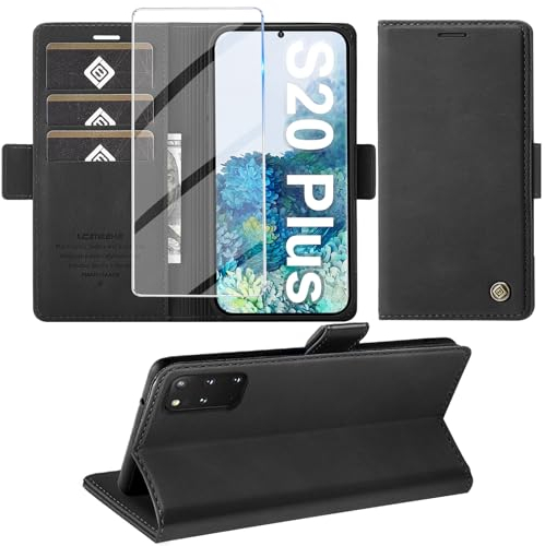 Giyer Handyhülle für Samsung Galaxy S20 Plus Hülle mit Displayschutzfolie, Schutzhülle Galaxy S20 Plus Leder Wallet Flip Case Standfunktion Kartenfach Klapphülle für Samsung S20 Plus Cover (Schwarz)