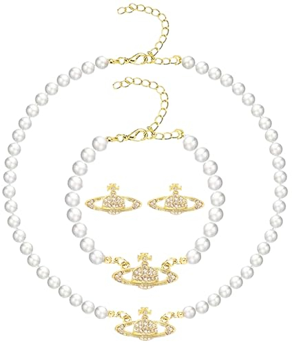 3 Stück Perlenkette Damen Armband Ohrringe, Künstliche Saturn Kette, Damen Perlen Kette, Mode und Einfache Legierung Planet Kette Perlenkette mit Anhänger, Geschenk für Mädchen, Frau, Liebhaber