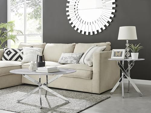 Furniturebox UK Novara Glass White Marble Effect Round Coffee Table - Shiny Silver Chrome Legs In Stylish Nested Starburst Design - Modern Living Room Furniture for Contemporary Homes