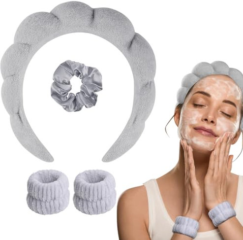 WD&CD Stirnband, Damen Spa Haarband Haarband, Make up Stirnband Handgelenk Waschband Set für Hautpflege, Gesichtsreinigung, Dusche-Grau