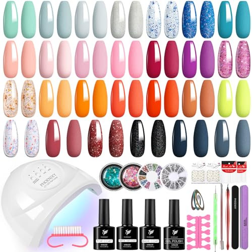 Phoenixy Kit Ongle Gel UV Complet 27 Couleurs Vernis Semi Permanent avec Base de Pailleté Glossy Matte Top Coat Rose Vernis Gel UV Semi Permanent, Kit Vernis Semi Permanent Cadeau DIY Pour Femmes