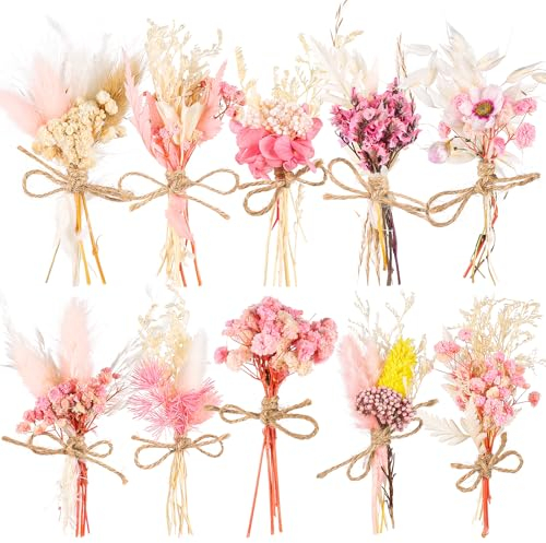 Confezione da 10 mazzi di fiori secchi, serie rosa, fiori secchi naturali, combinazione con stelo, decorazione per matrimoni, fiori artificiali in rilievo, per vasi artigianali, centrotavola, bouquet
