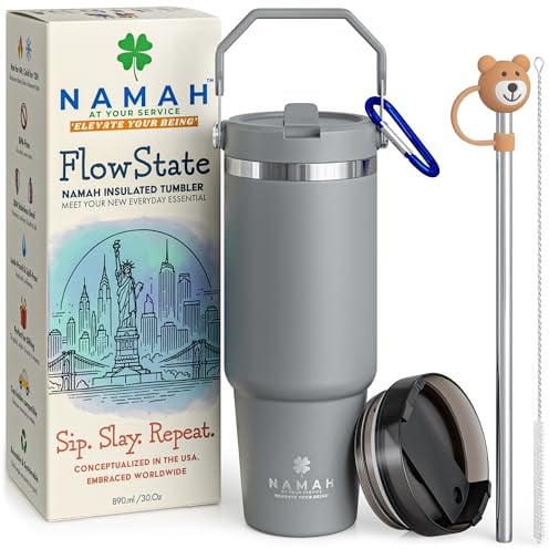 Namah® 30oz Insulated Tumbler with Straw & Lid, Stainless Steel Travel Cup, Leakproof Reusable Coffee Tumbler, Double Wall Vacuum, Keeps Drinks Hot & Cold, Fits Cup Holder
