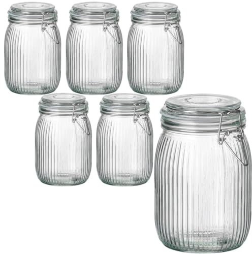 gouveo 6er Set Vorratsgläser 1000 ml geriffelt mit Bügelverschluss - Bügelgläser aus Glas mit Drahtbügelverschluss - Aufbewahrungsgläser für Küche und Haushalt (BG1000R)